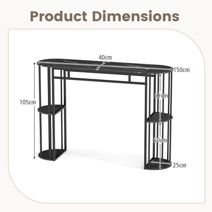 150cm Bar Table with Faux Marble Top & Side Shelves