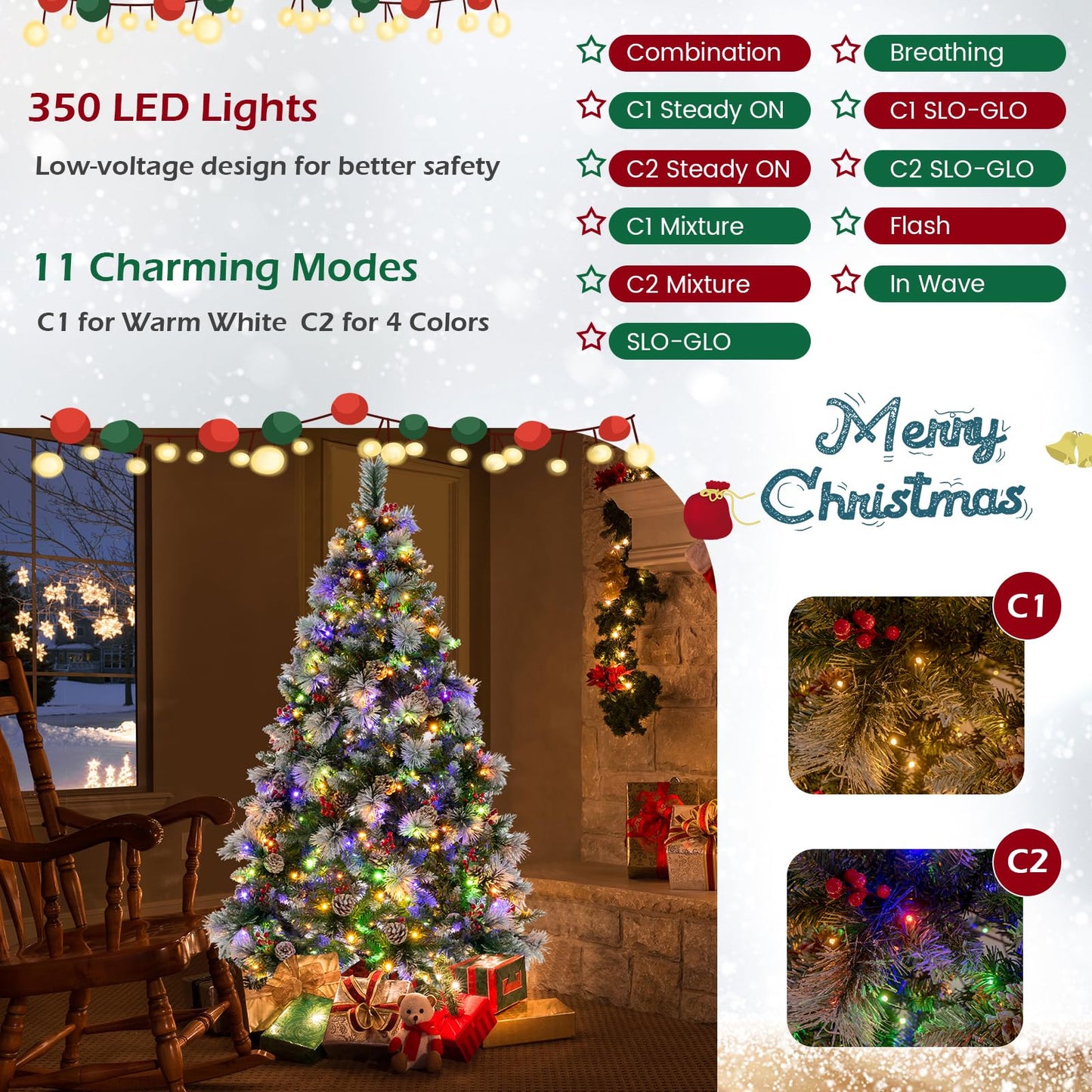 185/215cm Pre-Lit Artificial Christmas Tree with 11 Lighting Modes and 350 LED Lights