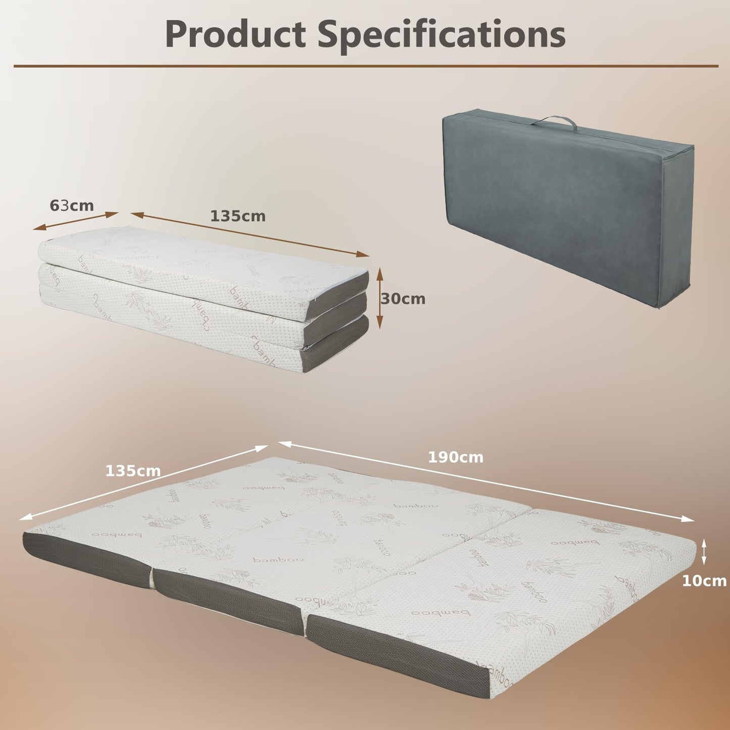 Cooling Gel Memory Foam Folding Mattress with Bamboo Cover and Mesh Border Fabric