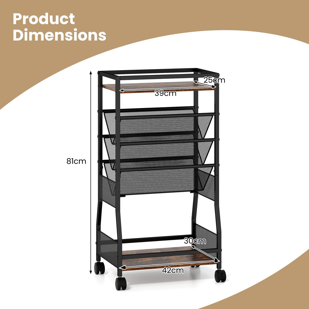 Rolling File Utility Cart with 3 Slanted Side Shelves and Lockable Wheels