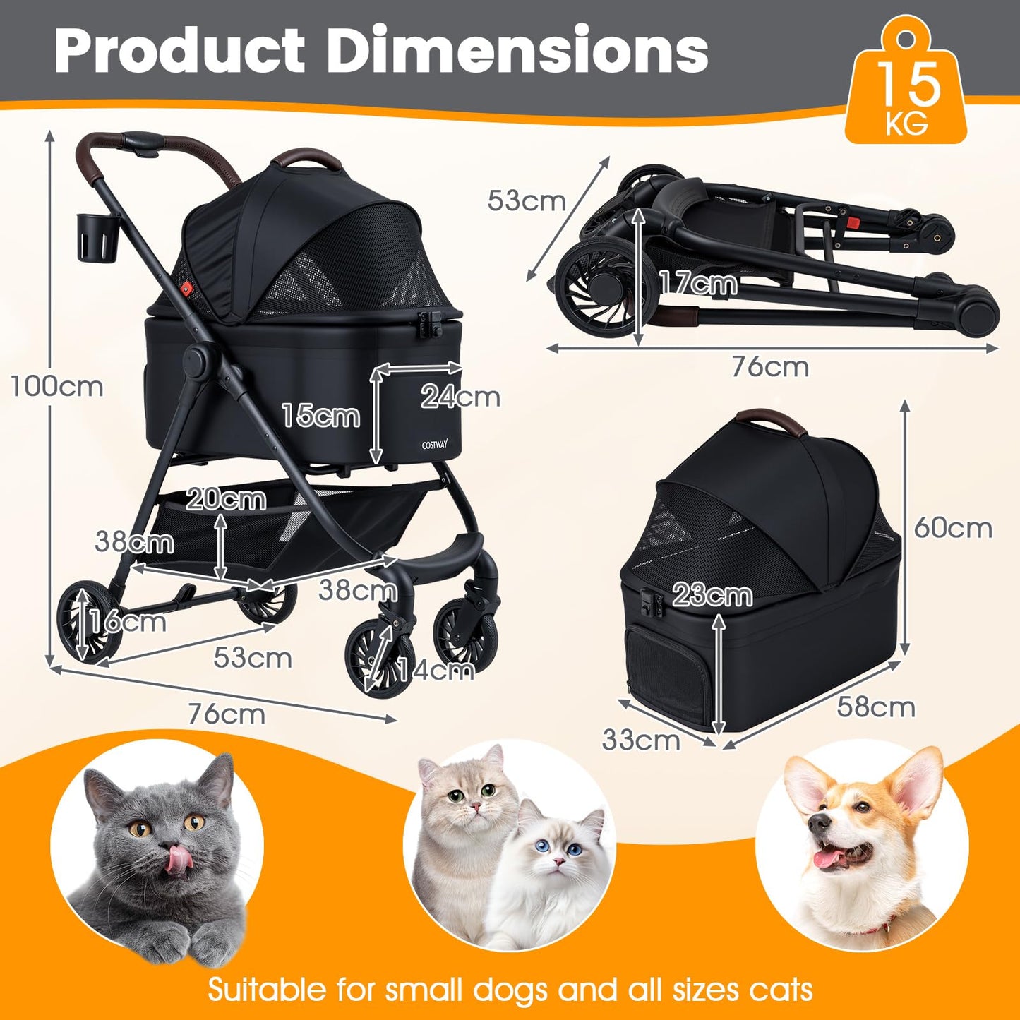 Pet Stroller, 3 in 1 Folding Dog Pram with Detachable Car Seat Carrier