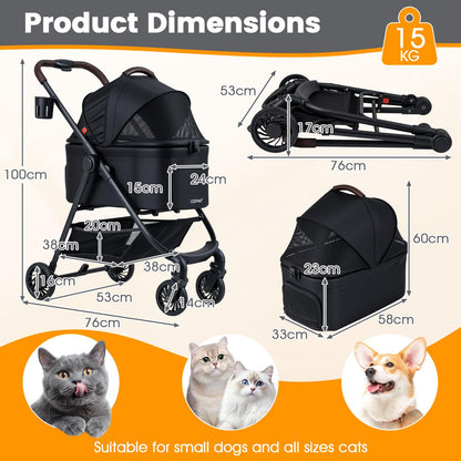 Pet Stroller, 3 in 1 Folding Dog Pram with Detachable Car Seat Carrier