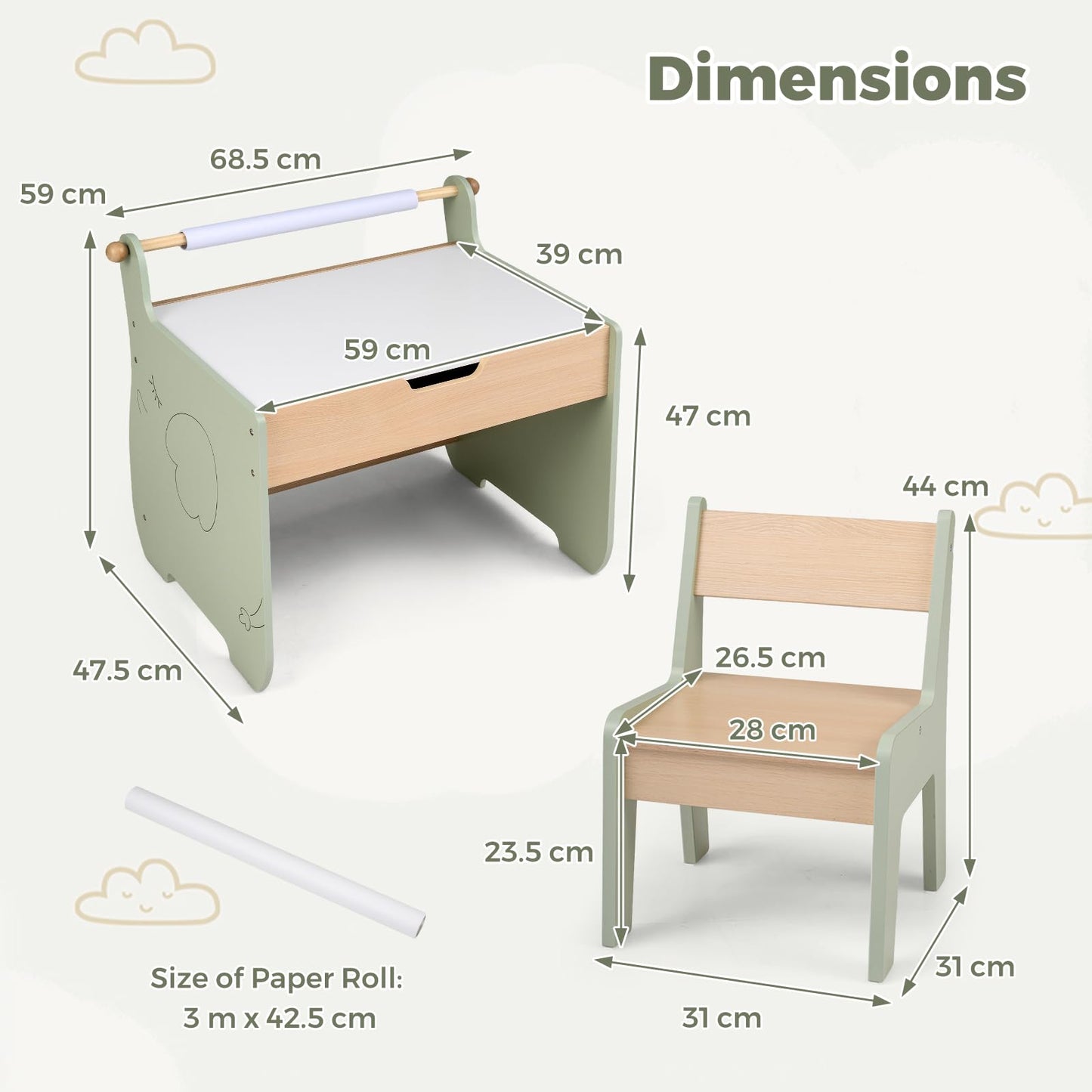 3 in 1 Kids Table and Chair Set, Toddler Art Table with Reversible Blackboard Tabletop