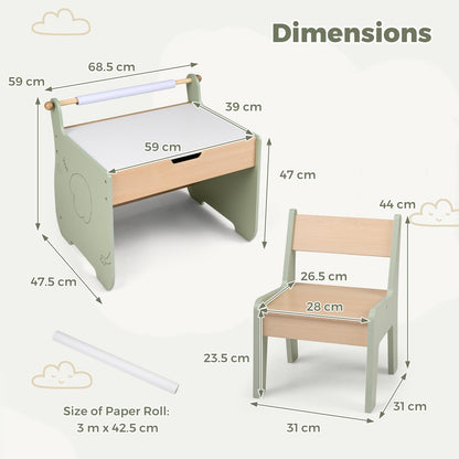 3 in 1 Kids Table and Chair Set, Toddler Art Table with Reversible Blackboard Tabletop