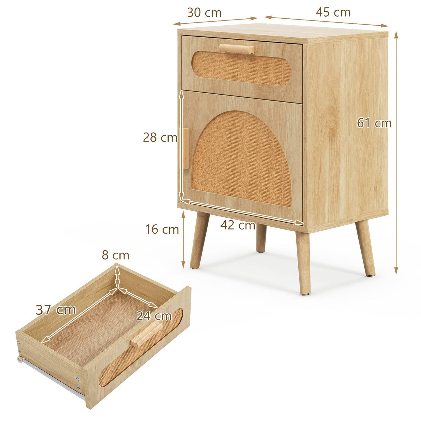 Rattan Nightstand Boho Bedside Table with Rattan-decorated Door