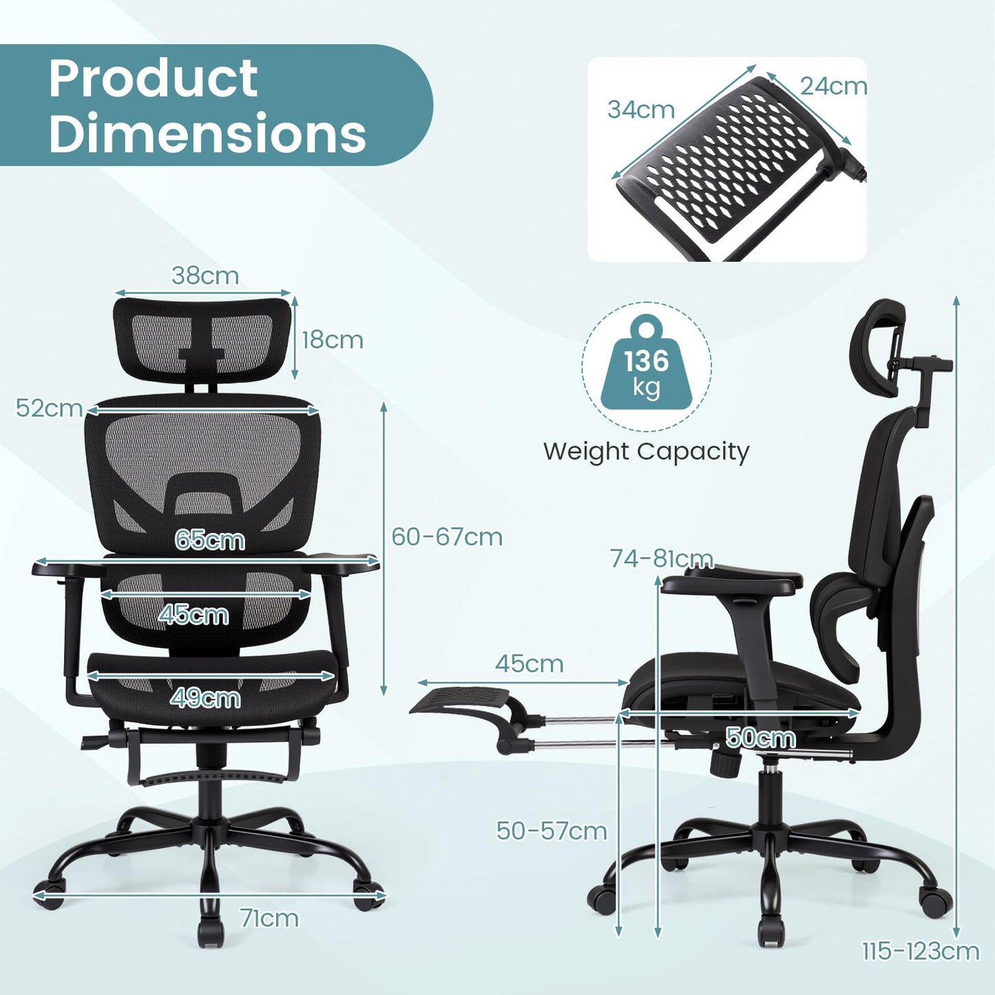 Mesh Office Chair with Footrest, Ergonomic High Back Swivel Computer Desk Chair