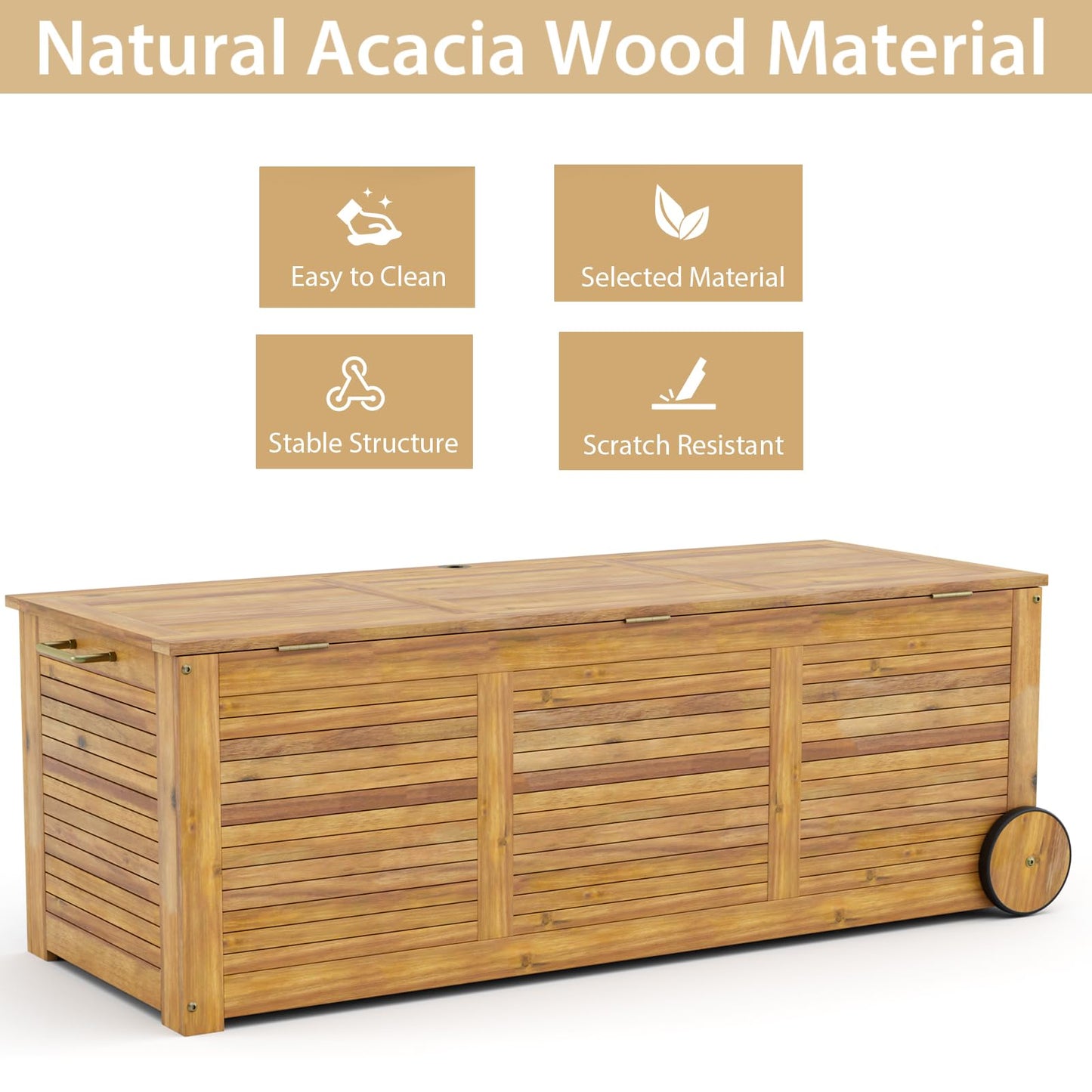 180L Acacia Wood Deck Boxes with Wheels and Waterproof Cover