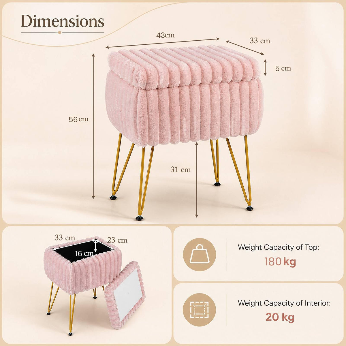 Faux Fur Ottoman with Metal Legs and 2-in-1 Design for Living Room Bedroom