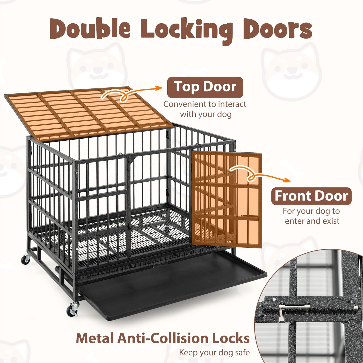 96/120cm Metal Dog Cage Foldable with Double Door and Wheels