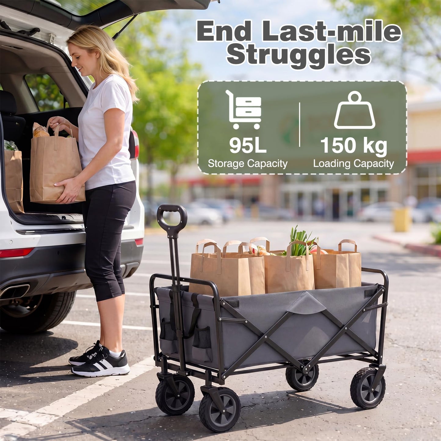 Collapsible Wagon Cart with Flexible Handle and Cup Holders