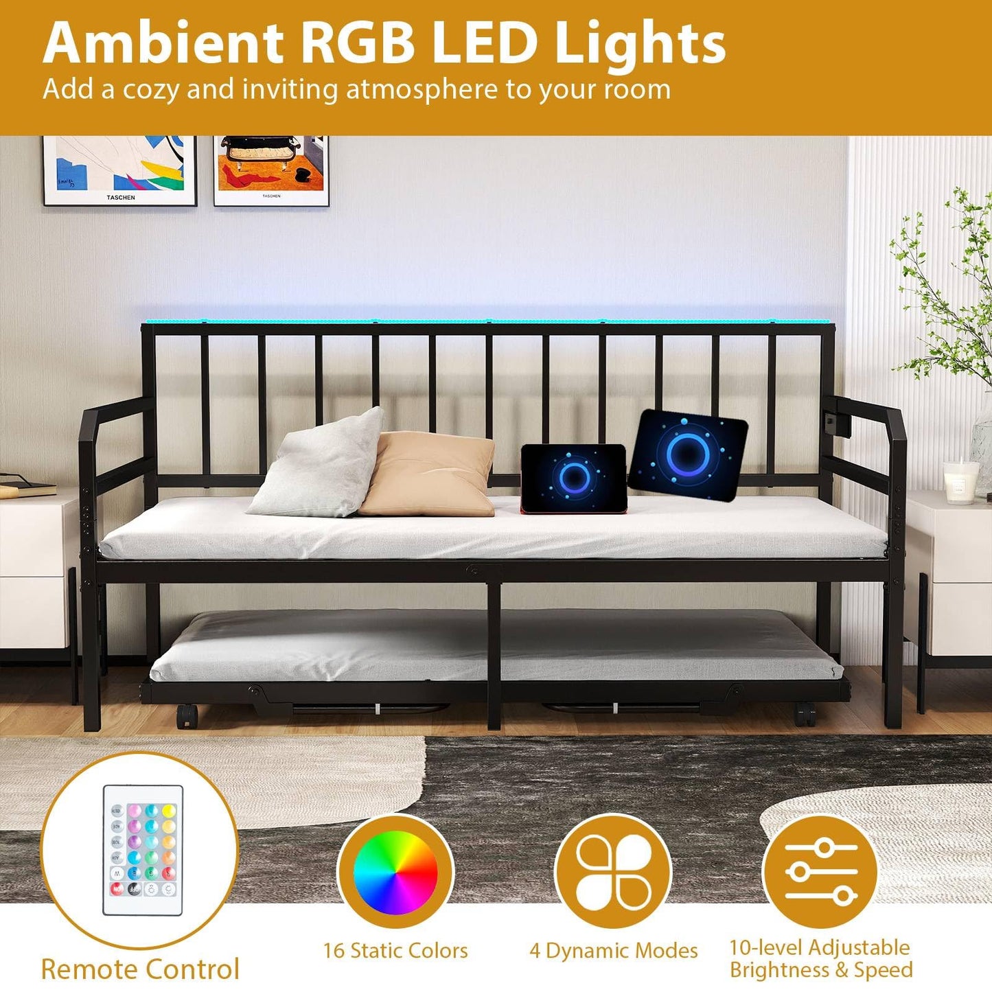 Metal Single Size Daybed with Charging Station and LED Lights