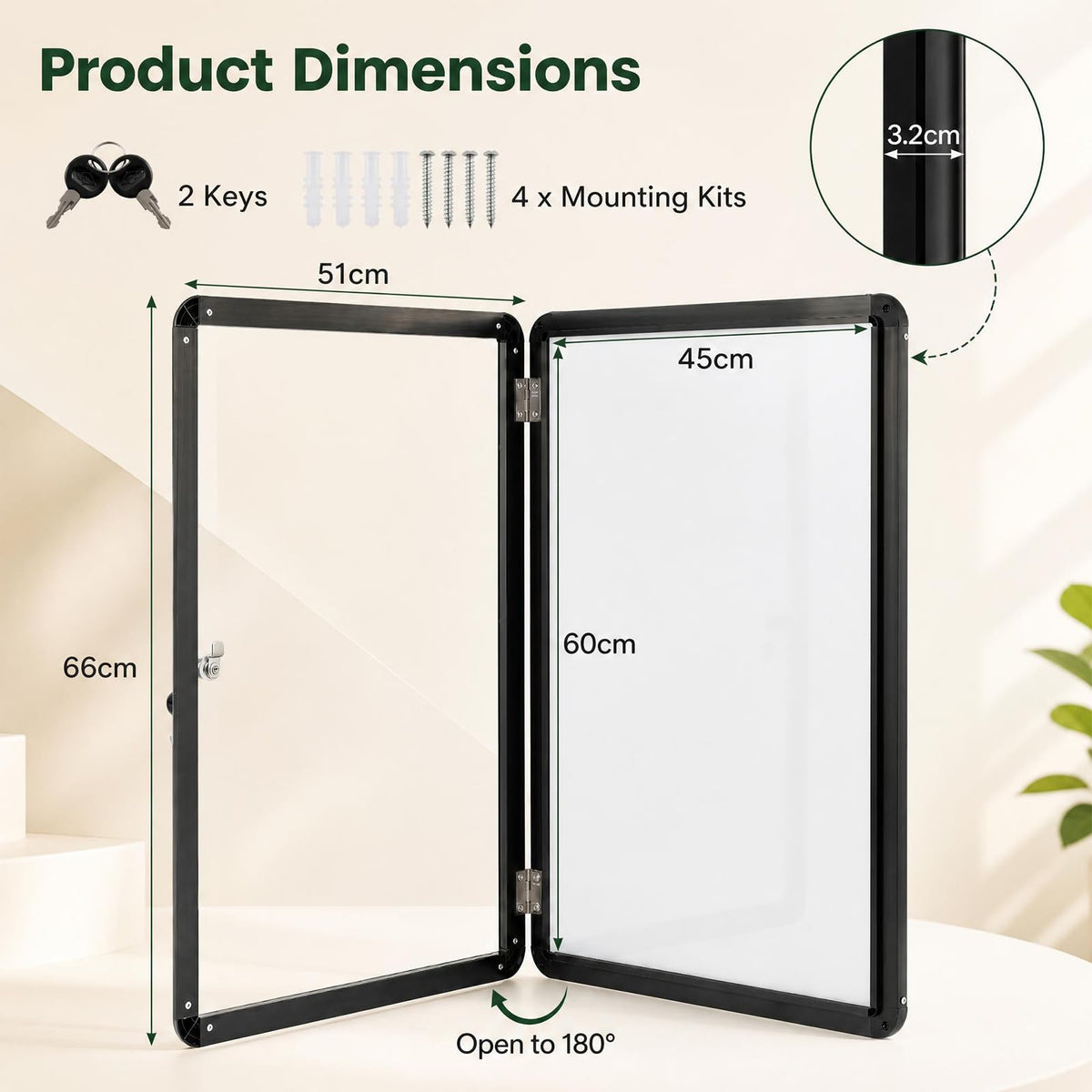 66 x 51 cm Enclosed Bulletin Board with Locking Door and Aluminum Alloy Frame