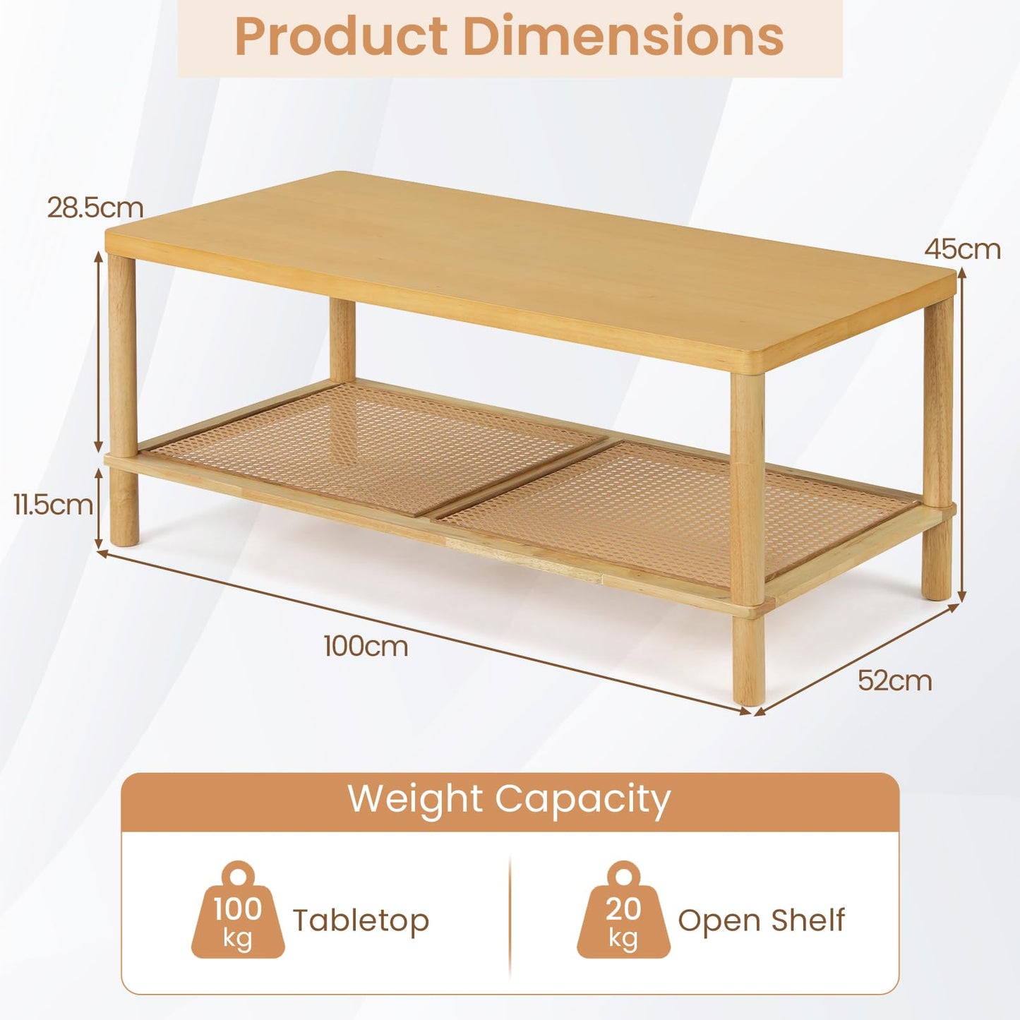 2-Tier Rattan Coffee Table with Storage Shelf, Rubber Wood Frame