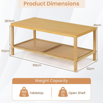 2-Tier Rattan Coffee Table with Storage Shelf, Rubber Wood Frame
