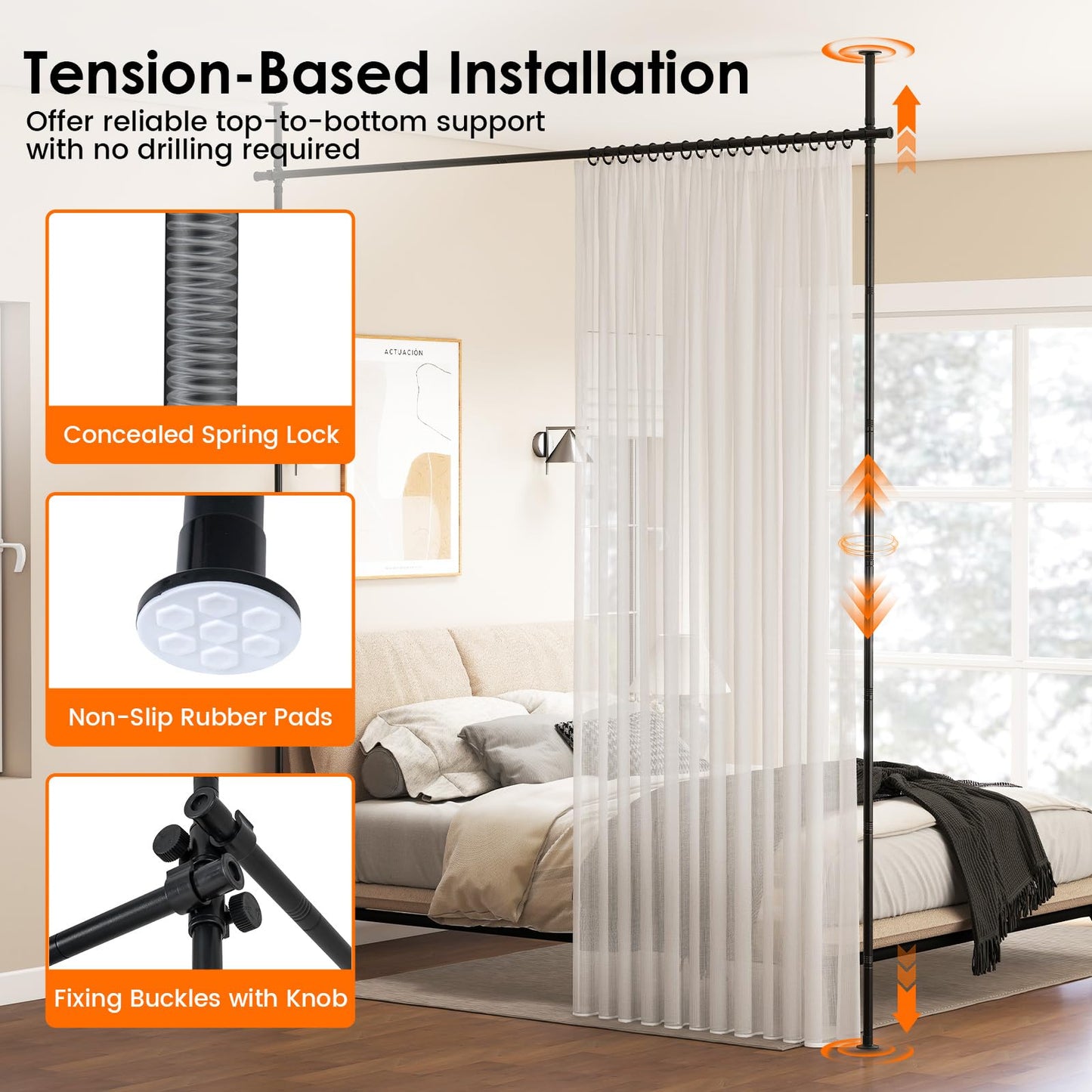 Room Divider Curtain Rod, No Drilling Adjustable Tension Rods Stand for Room Separation