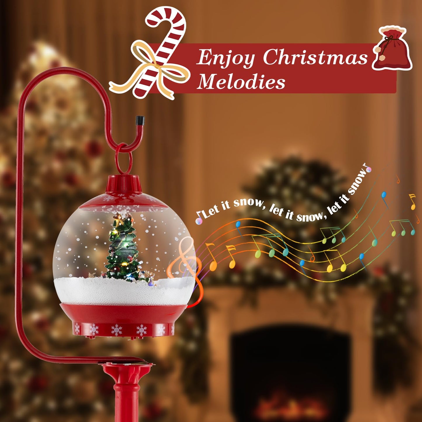 68 Inch Christmas Lamp Post with Sound-Activated Snow Globe Lantern