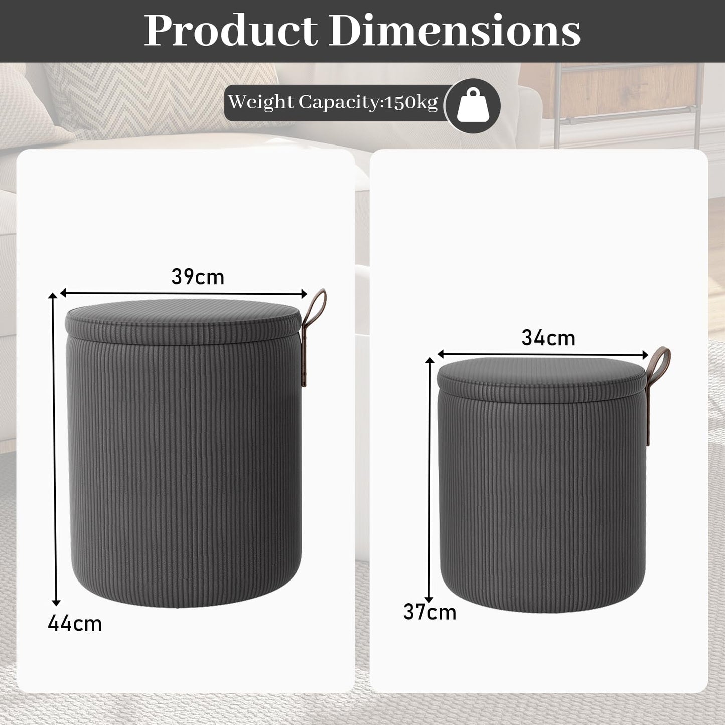 Round Ottoman with Storage Set of 2 with Removable Lids and Padded Seats