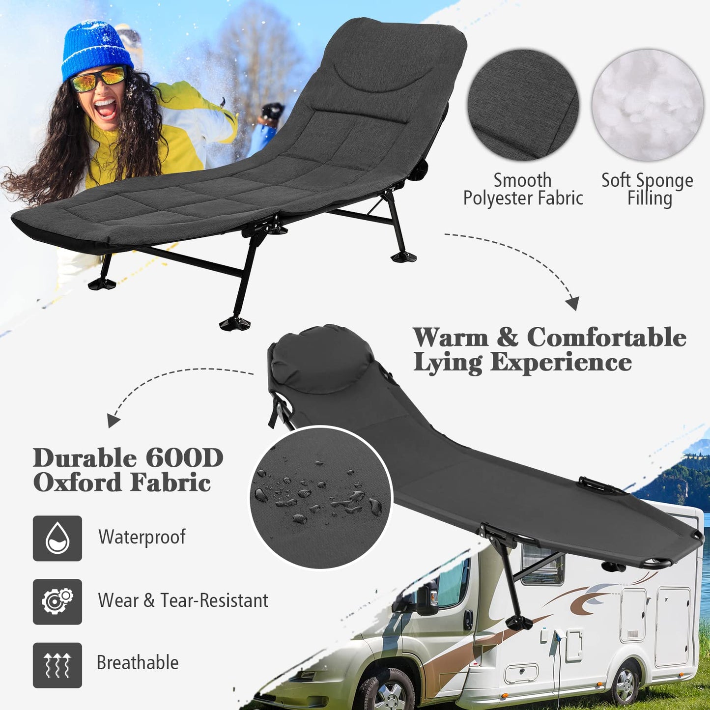 Giantex Folding Camping Bed Outdoor Sleeping Cot with Detachable Mattress 6-Position Adjustable Backrest