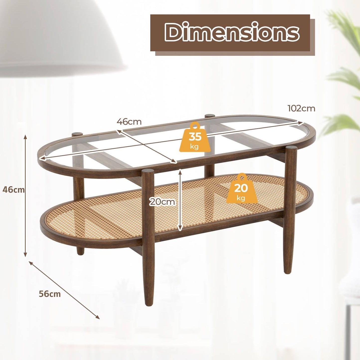 Tempered Glass Cocktail Snack Tea Center Table with PE Rattan Storage Shelf