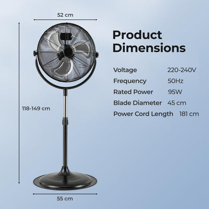 High Velocity Pedestal Fan Industrial Adjustable with 3 Speeds and 360° Tilt