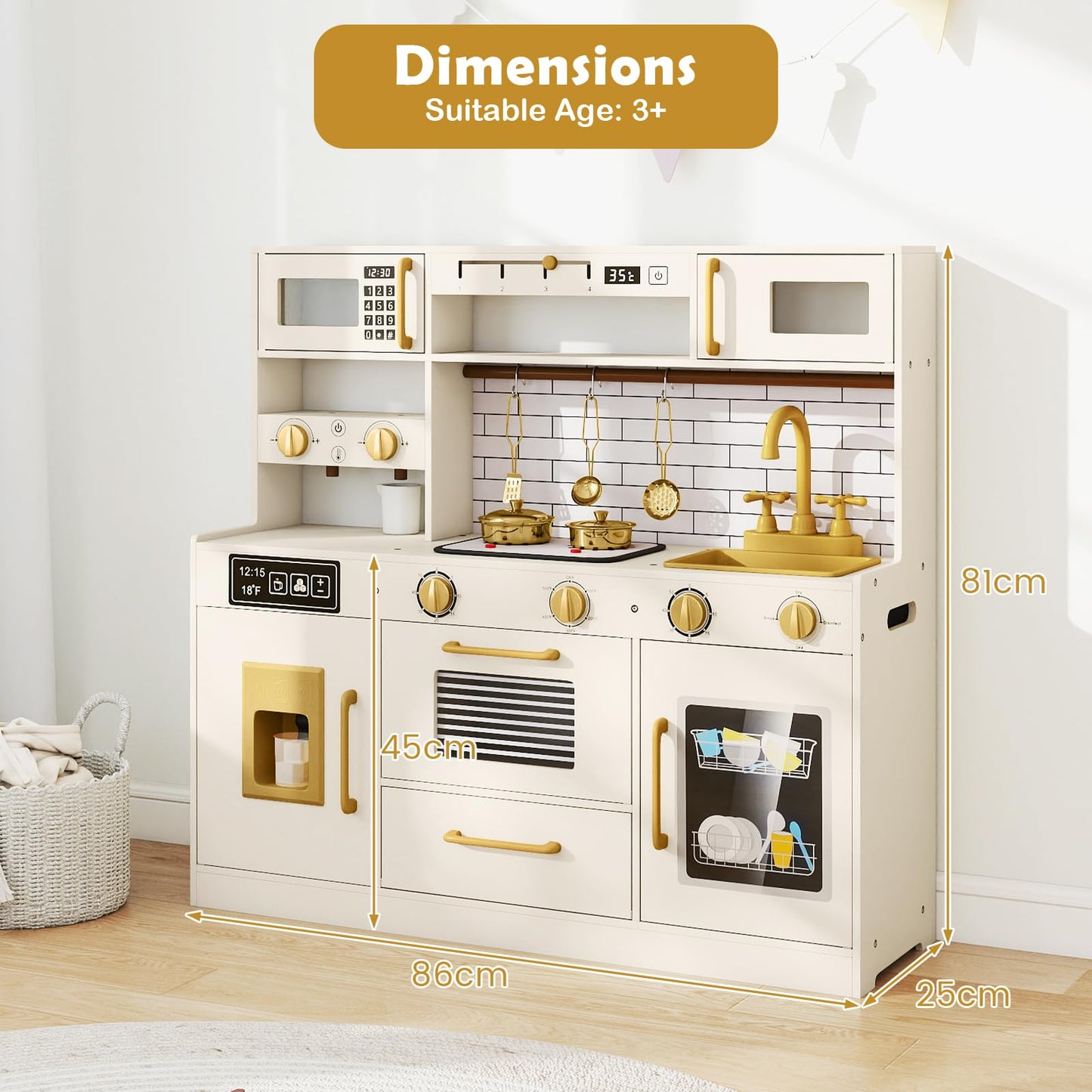 Kids Play Kitchen, Wooden Pretend Toy Kitchen with Realistic Lights