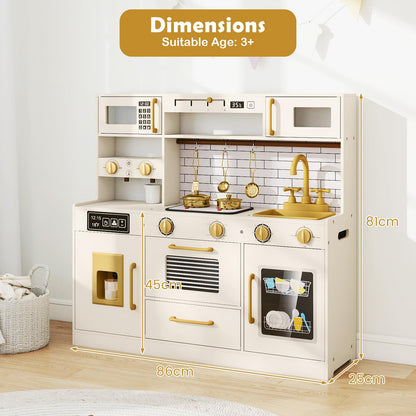 Kids Play Kitchen, Wooden Pretend Toy Kitchen with Realistic Lights