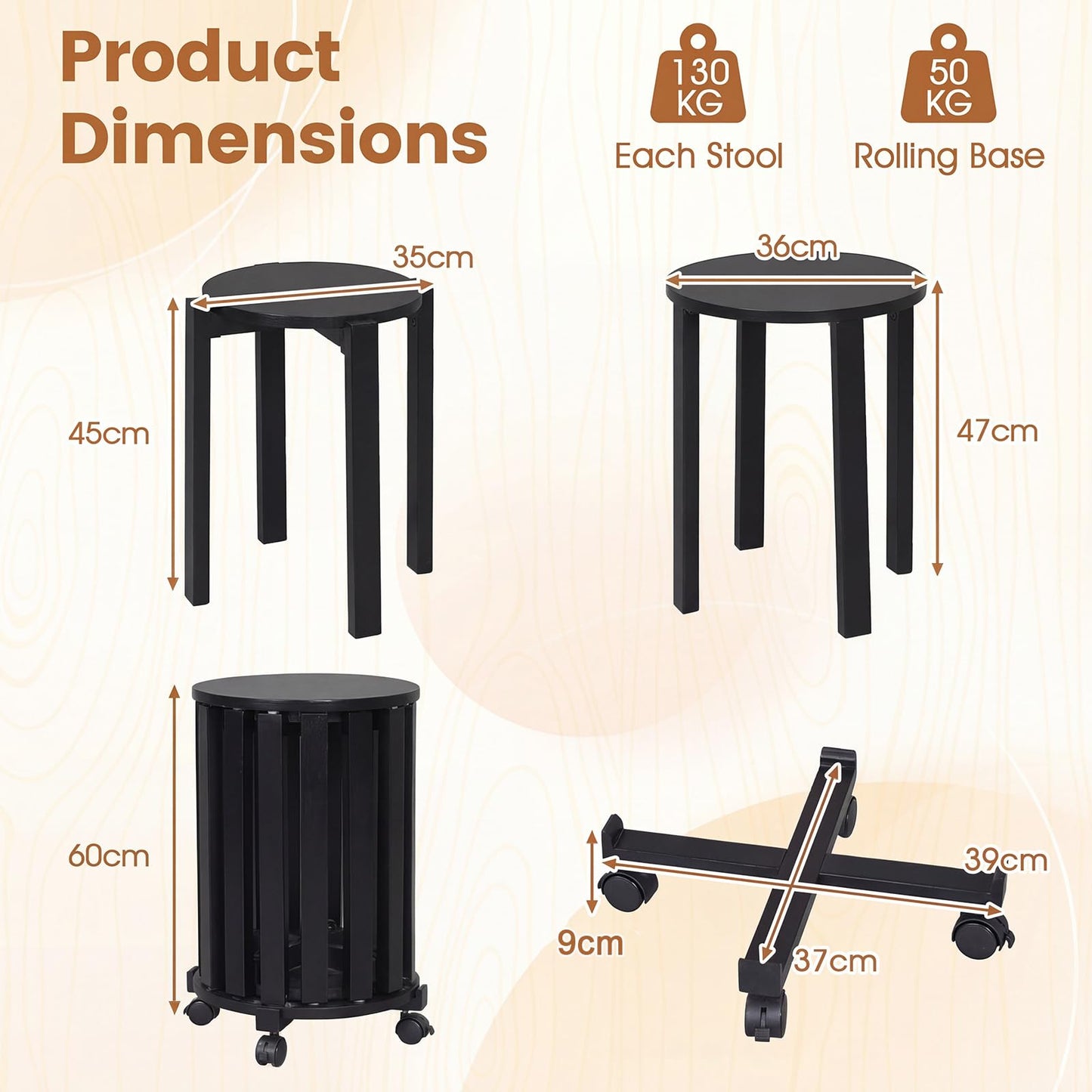 Stackable Stools Set of 4 with Rolling Base Solid Rubber Wood Nesting Stools
