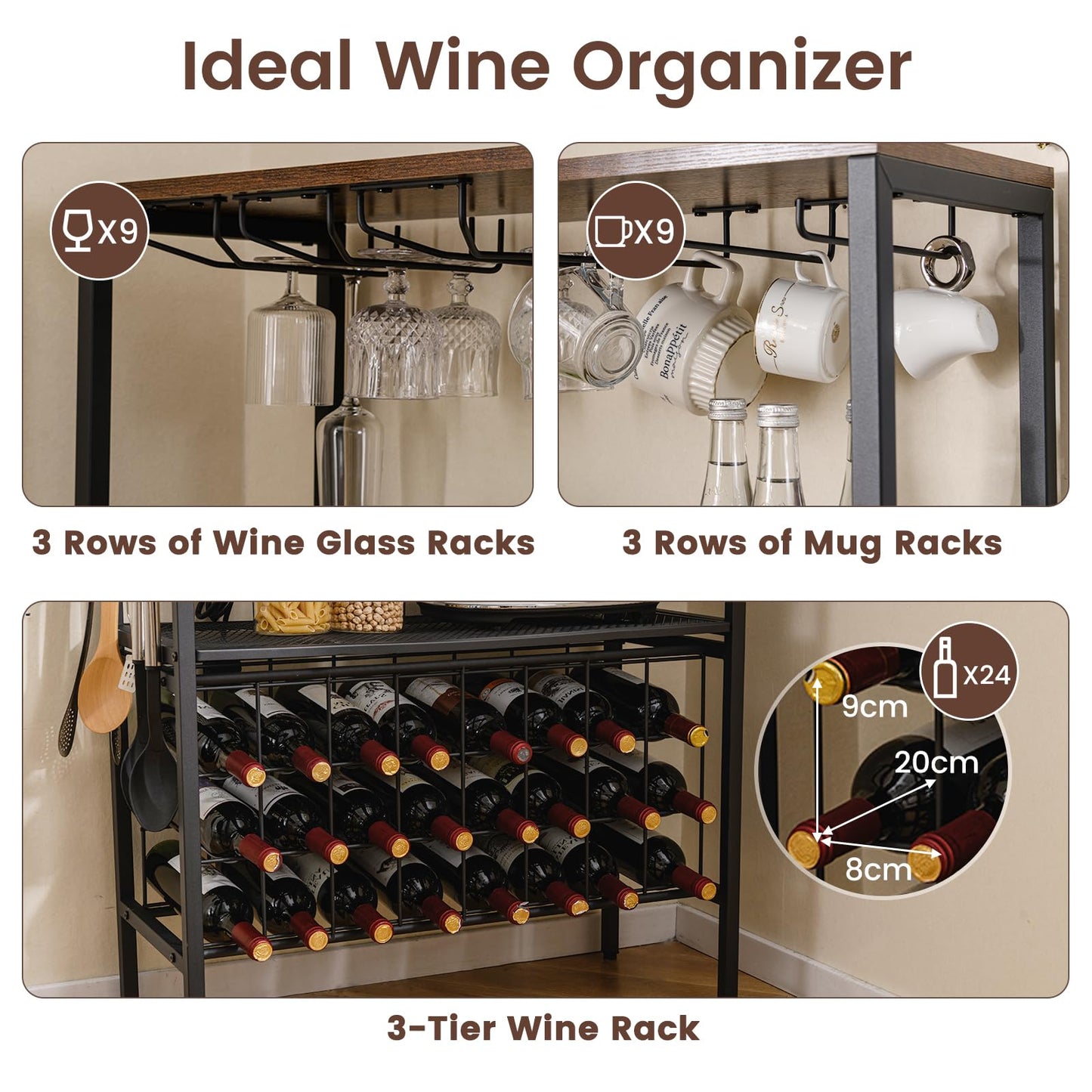 Wine Organizer with Power Outlet Multi-Tier Bakers Rack with Glass