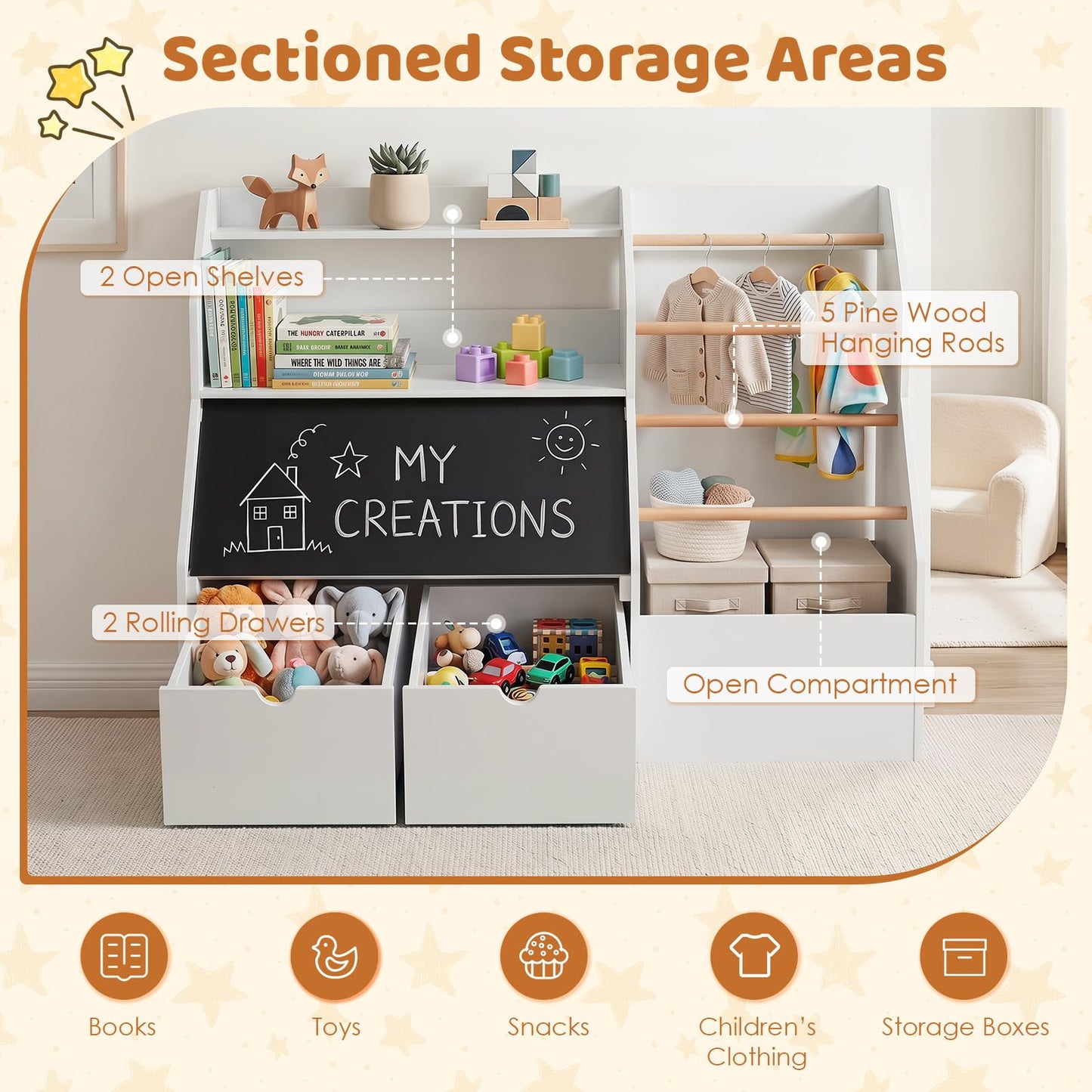 Toy Storage Organizer with Flip-up Blackboard and Movable Drawers for Playroom