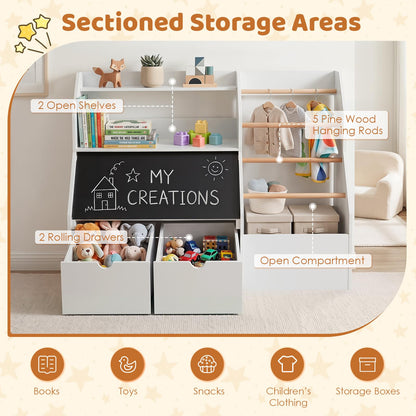 Toy Storage Organizer with Flip-up Blackboard and Movable Drawers for Playroom