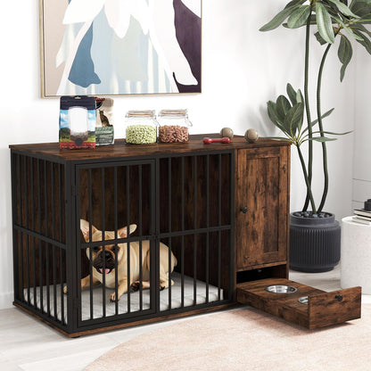 120CM Dog Crate Furniture with Hidden Pull-out Bowls in Drawer Rating:
