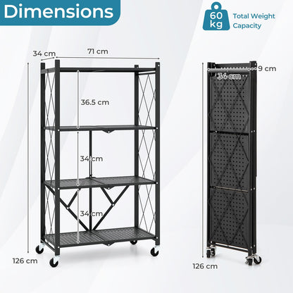 4-Tier Metal Foldable Collapsible Storage Rack with Lockable Wheels
