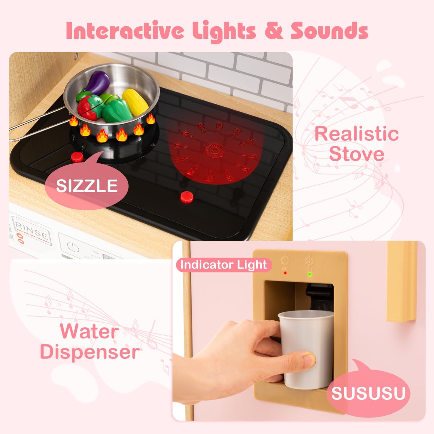 Wooden Kids Kitchen Playset with Real Sounds Lights Stove Water Dispenser