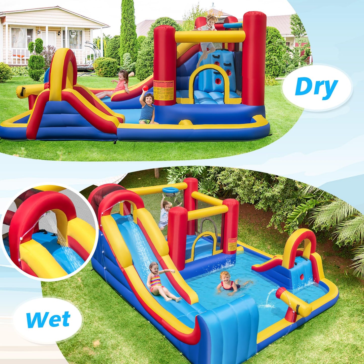 Inflatable Water Park, Kids Bouncy Castle with Double Slides, 2 Splash Pools