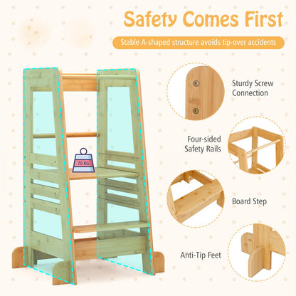 Bamboo Kids Step Stool with Height Adjustable Platform and Safety Rail