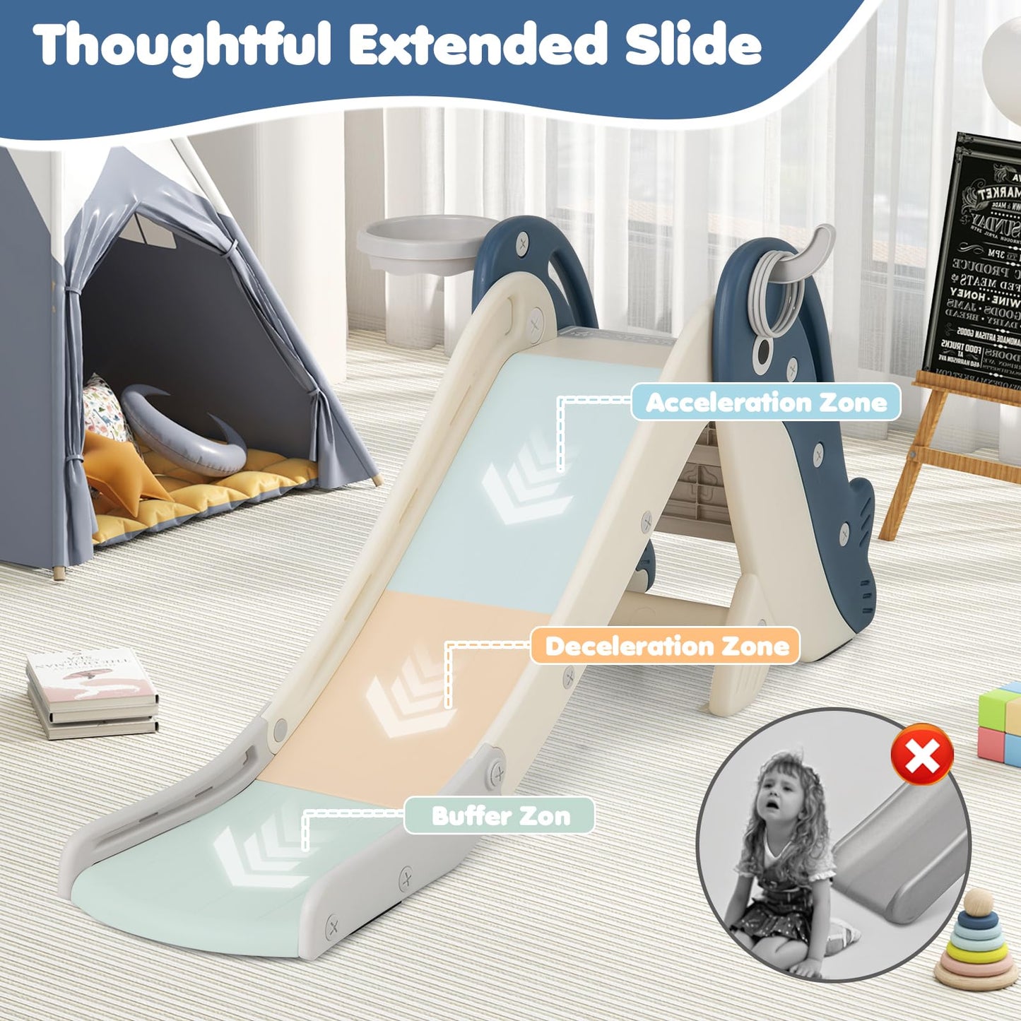 4-in-1 Toddler Slide with Basketball Hoop and Space-saving Folding Design