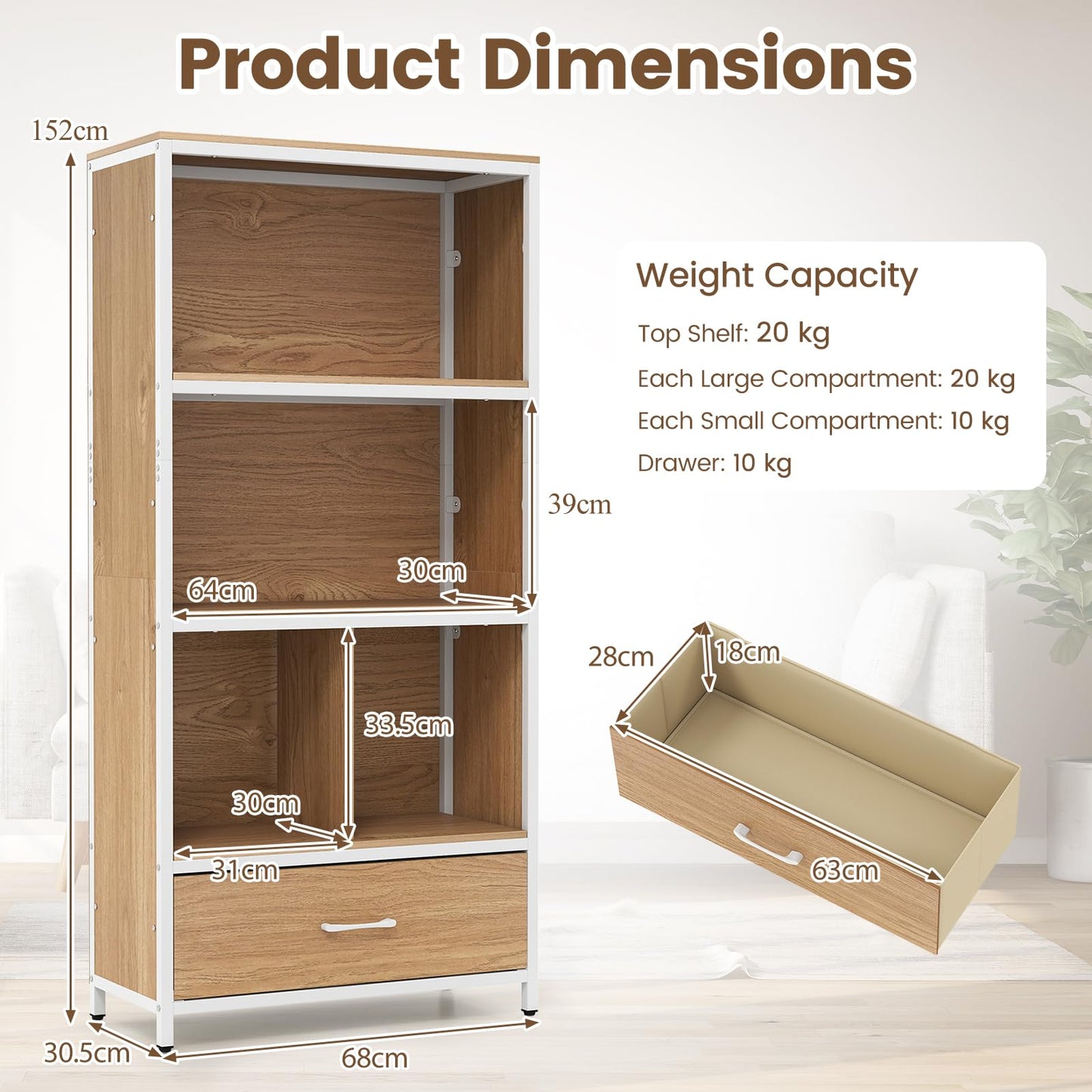 5-Tier Bookshelf, Freestanding Storage Bookcase Cabinet with 4 Storage Compartments