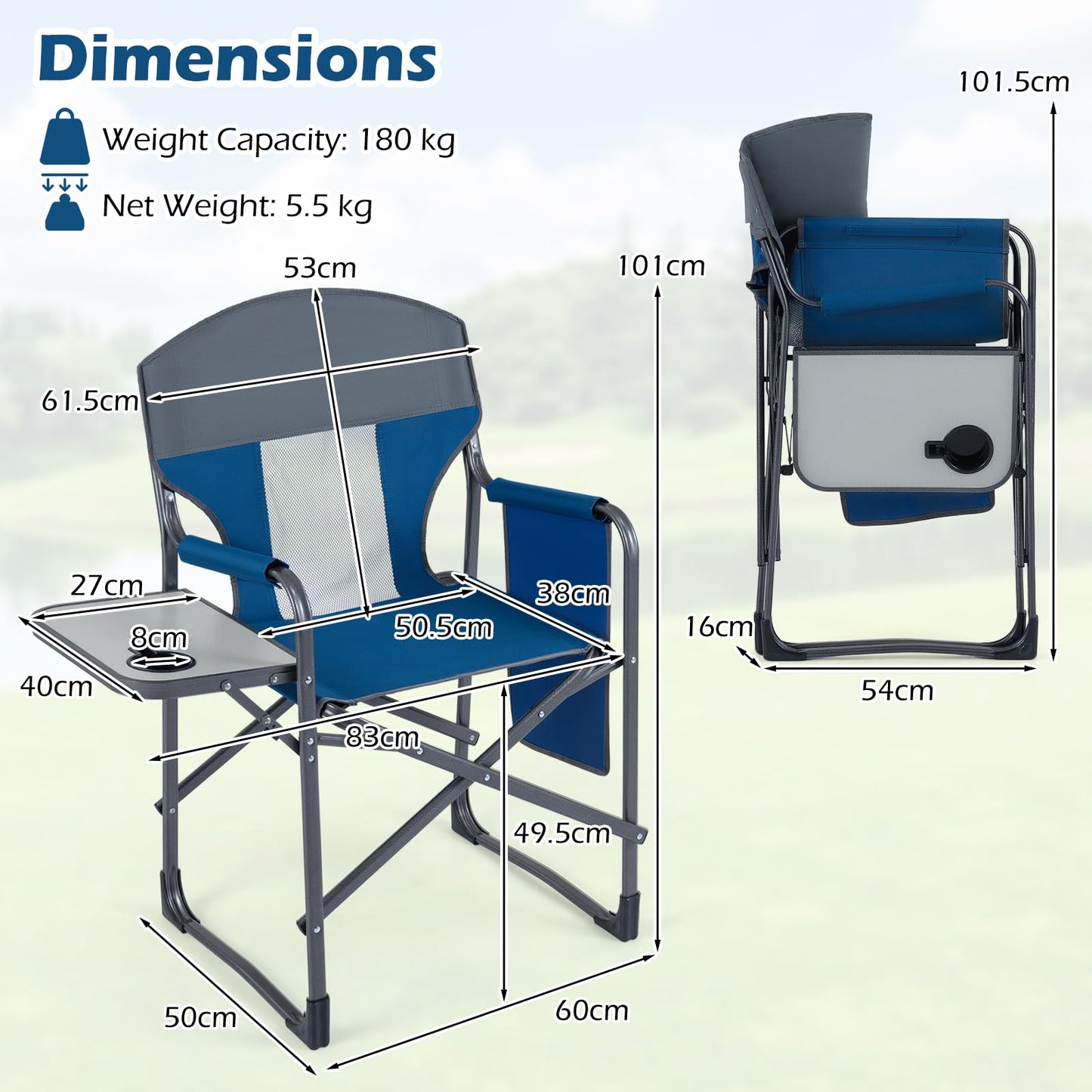 Folding Directors Chair, Oversized Camping Chairs with Side Table and Cup Holder