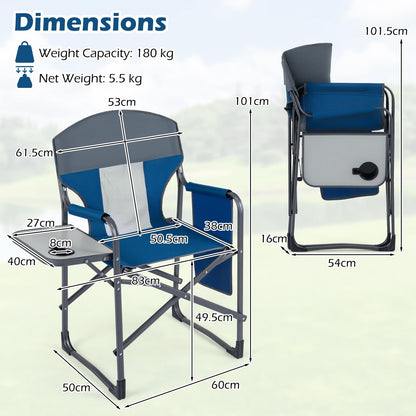 Folding Directors Chair, Oversized Camping Chairs with Side Table and Cup Holder