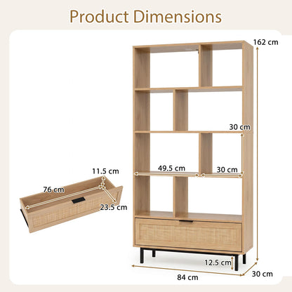 162 cm Tall Wooden Bookcase, 6-Tier Geometric Bookshelf with Drawer