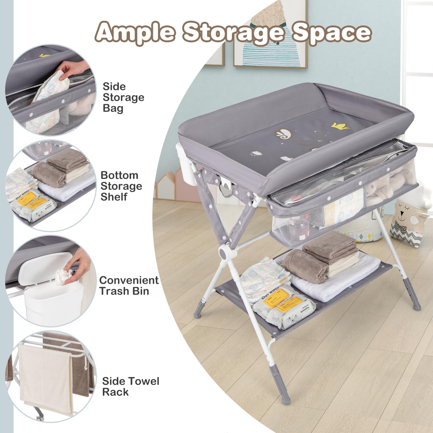 Baby Changing Table Foldable Infant Care Station with Wheels & Trash Can
