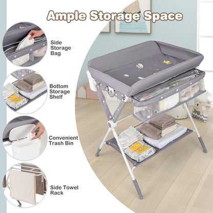 Baby Changing Table Foldable Infant Care Station with Wheels & Trash Can