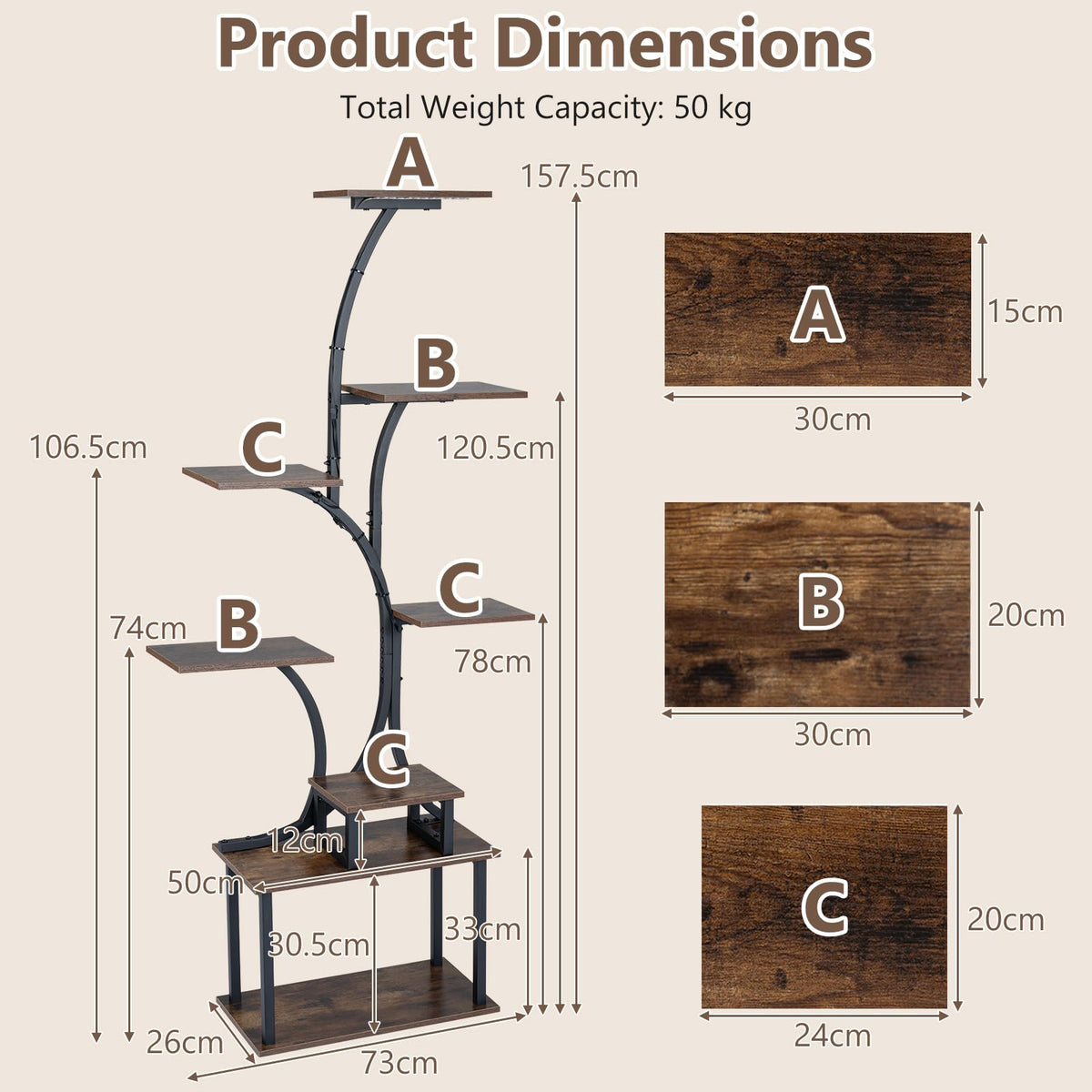 Plant Stand with Grow Lights, 158cm Tall 8-Tier Corner Metal Plant Shelf Flowerpot Holder