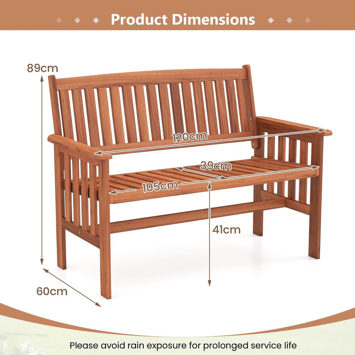 2-Seater Garden Bench, Solid Wood Patio Loveseat Park Bench Chair