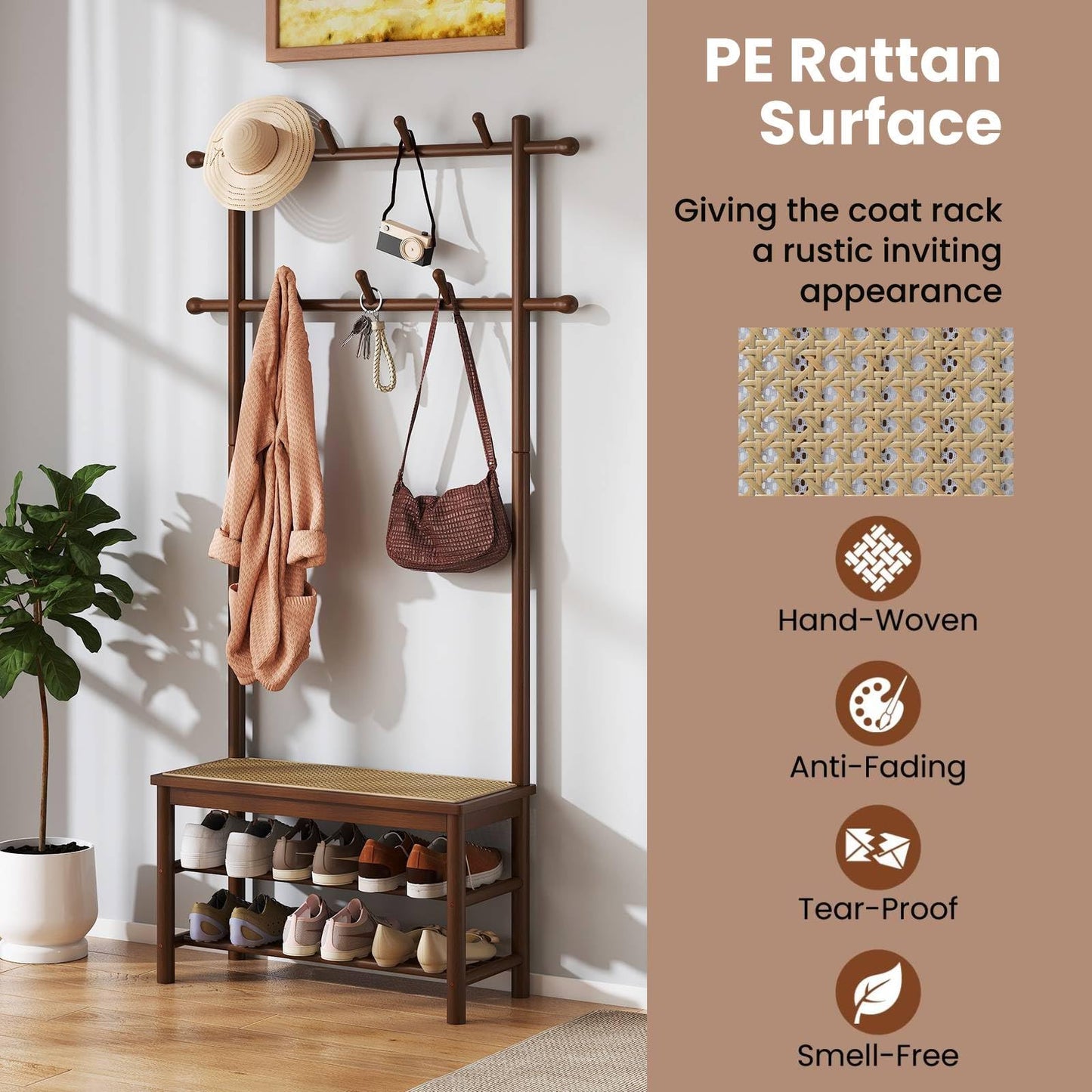 Bamboo Coat Rack PE Rattan Hall Tree with Bench and Shoe Storage