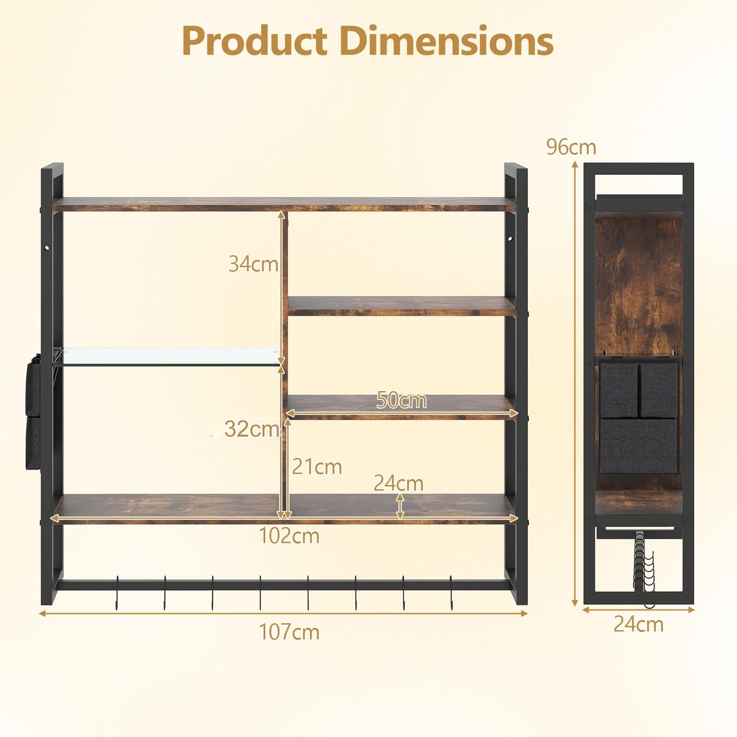 107 CM Industrial Floating Shelves 6-Tier Wall Mounted Shelf with 8 S-Hooks
