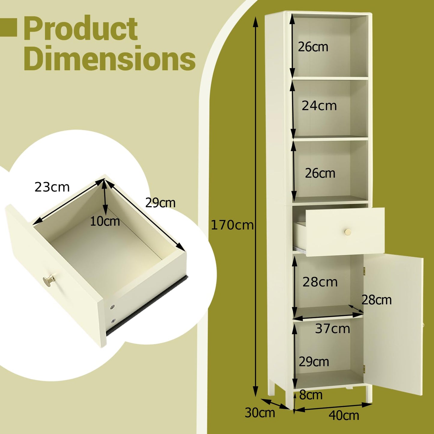 170cm Tall Bathroom Cabinet with Fluted Door and 1 Drawer 3 Open Shelves