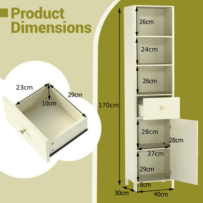 170cm Tall Bathroom Cabinet with Fluted Door and 1 Drawer 3 Open Shelves