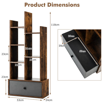 7/12-Tier Wooden Bookshelf with Folding Drawer for Study Living Room