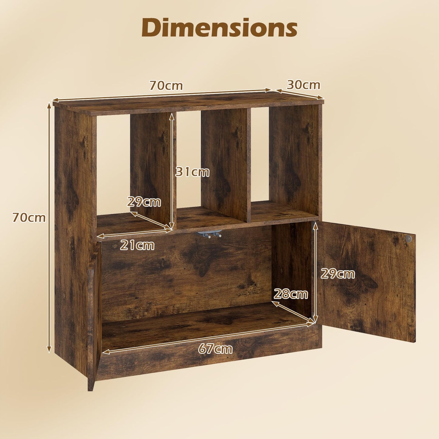 3-Cube Bookcase with Doors, Modern Bookshelf Open Storage Organizer Unit